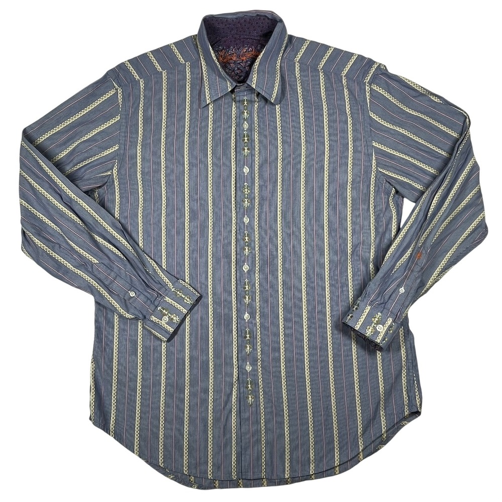 Robert Graham Button Front Shirt Mens Large Blue Striped Floral Embroidered L - Picture 4 of 12